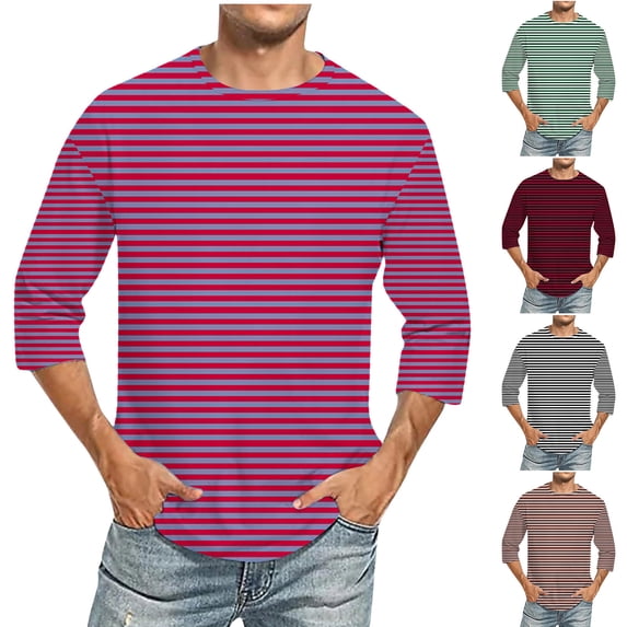 HBGVBA Casual 3/4 Sleeve T-Shirt for Men,Striped Print Crew Neck Tshirts Breathable Sports Top for Workout Running and Daily Leisure