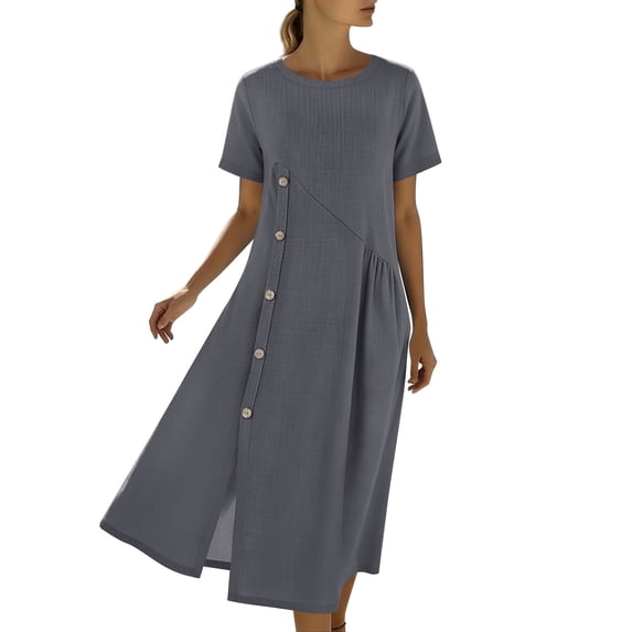 HBGVBA Casual Linen Midi Dress for Women,Short Sleeve Dresses,Linen Loose Pocket Button Side Slit Long Maxi Dress
