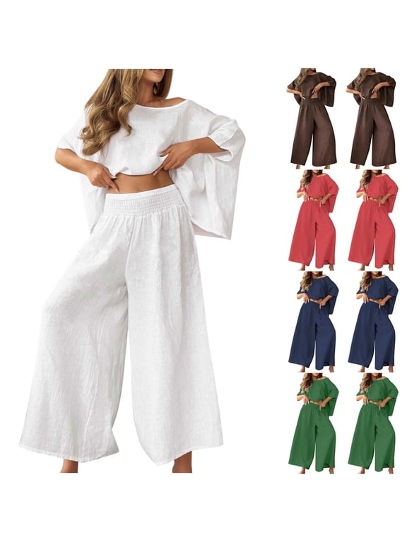 Casual Plus Size Set for Women,2 Piece Matching Outfits,Loose Crew Neck Solid Color Cold Shoulder Batwing Sleeve Summer Casual Outfit Set