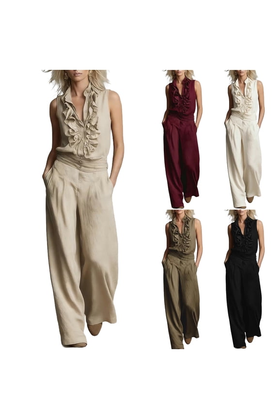 Casual Set for Women,2 Piece Matching Outfits,Ruffle V-Neck Sleeveless Top Loose Solid Color Wide Leg Pants Set