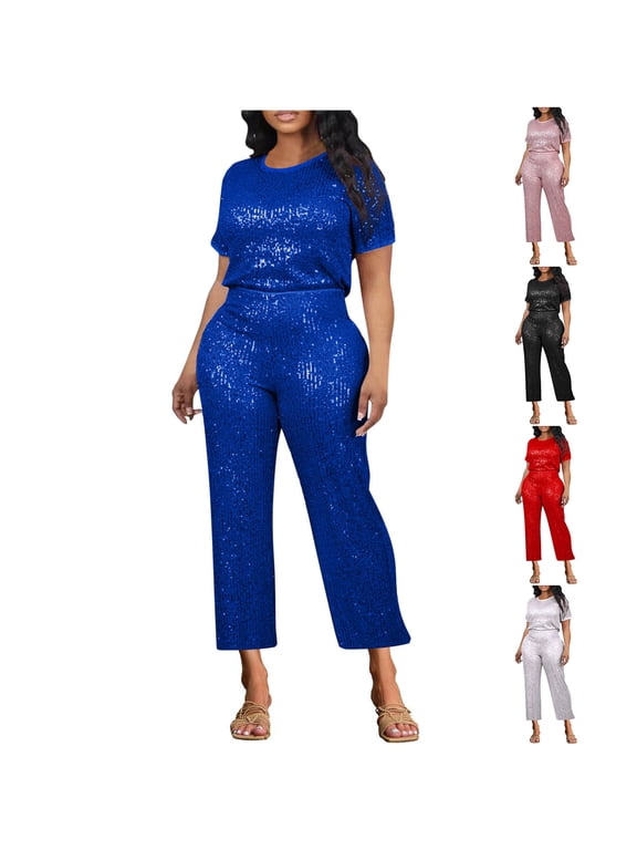 Casual Set for Women,2 Piece Matching Outfits,Solid Color Sequin Short Sleeve Top Long Pants Comfortable Casual Set