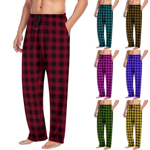 HBGVBA Comfy Pajama Pants for Men,Loungewear Casual Long Pants,Plaid Print Sleep Pants Elastic Waist with 2 Pockets Straight Leg Breathable Loungewear