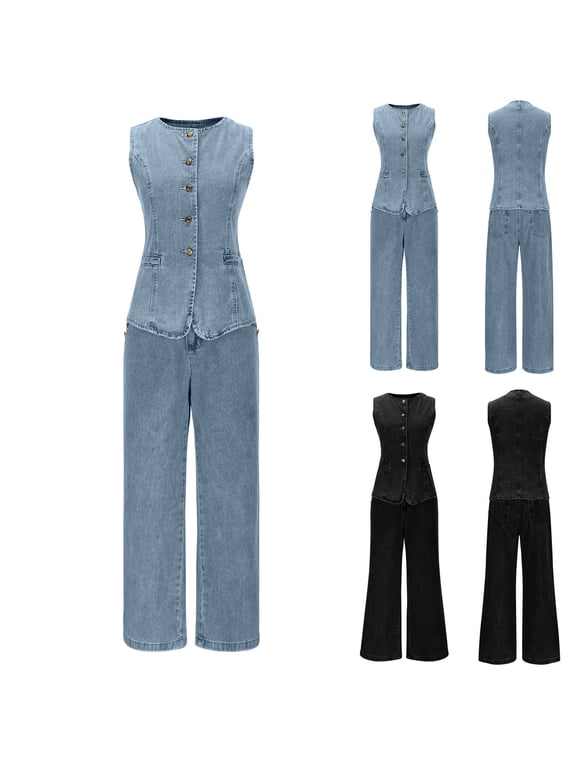Demin 2 Piece Set for Women,Jean Outfits Set,Solid Color Sleeveless Button Zipper Wide Leg Pants Casual Outfit Set