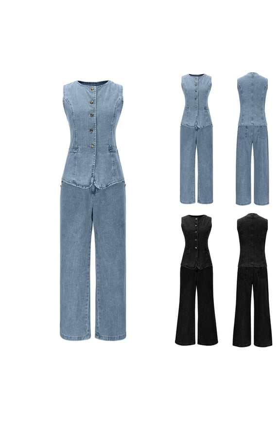 Demin 2 Piece Set for Women,Jean Outfits Set,Solid Color Sleeveless Button Zipper Wide Leg Pants Casual Outfit Set