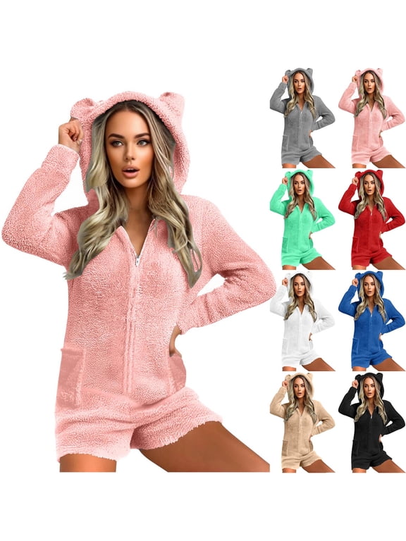 Fleece Onesie Pajamas for Women Onesie Pajamas for Women Adult Fleece Fuzzy Shorts JumpCute Ear One Piece Romper Hood Sleepwear Playsuit Loungewear Sleepwear