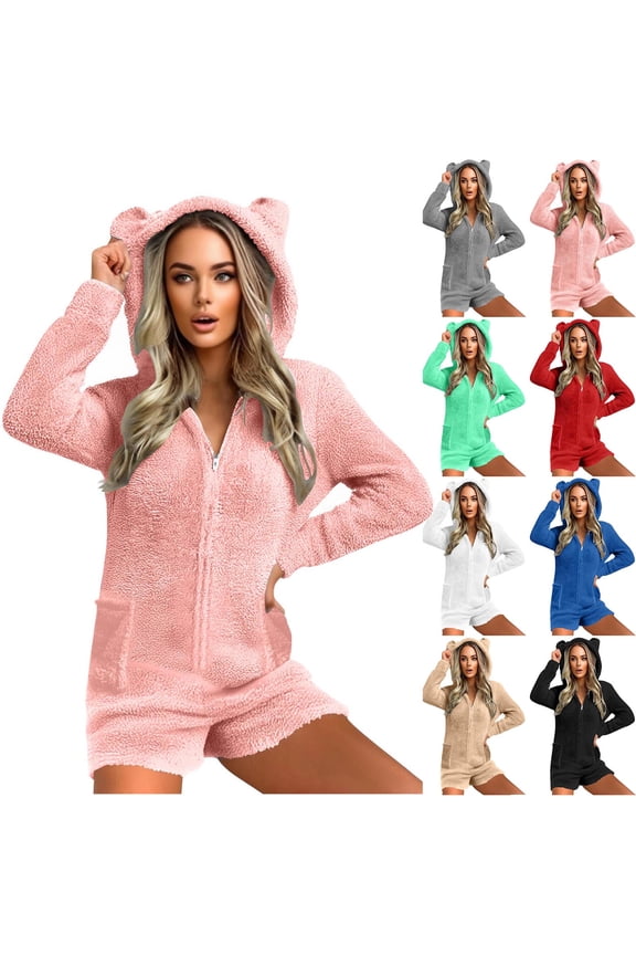 Fleece Onesie Pajamas for Women Onesie Pajamas for Women Adult Fleece Fuzzy Shorts JumpCute Ear One Piece Romper Hood Sleepwear Playsuit Loungewear Sleepwear