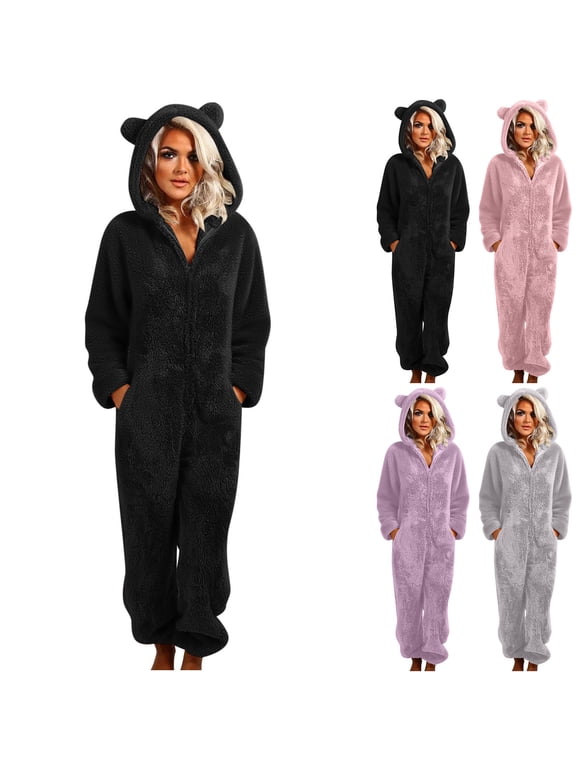 Fleece Onesie Pajamas for Women Women Fuzzy Pajamas Plus Size Hooded Long Sleeve Onesie Pjs Fleece Winter Warm Playsuit Loungewear Sleepwear