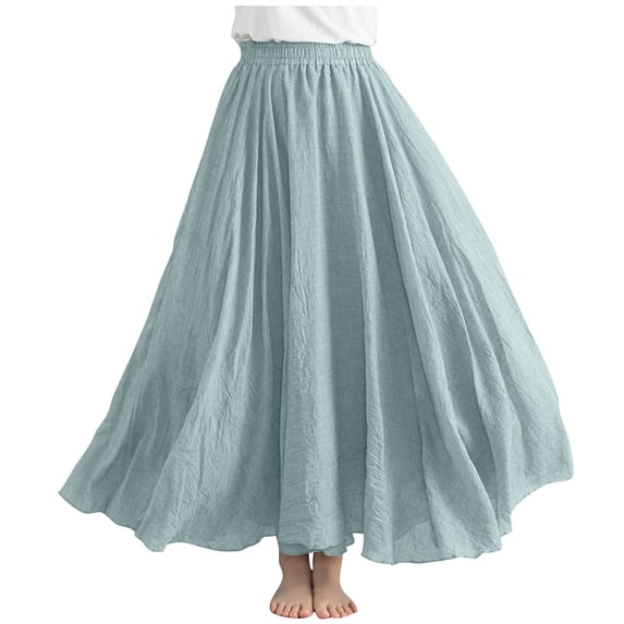 HBGVBA Flowy Maxi Skirt for Women,Plus Size Solid Color Linen Skirt Elastic Waist Ankle Length Style for Summer Daily Wear