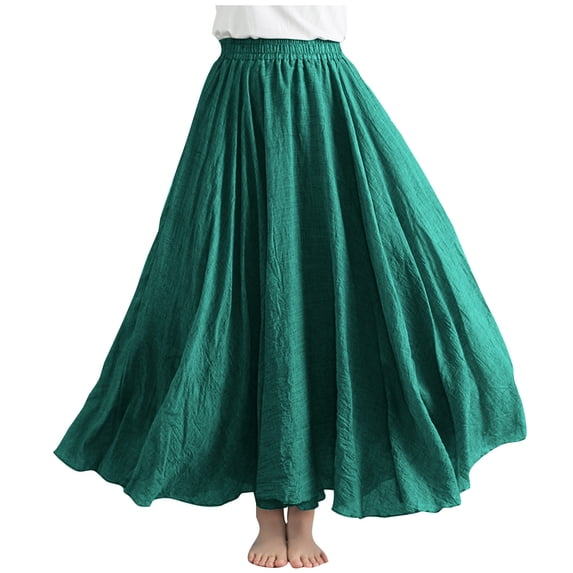 HBGVBA Flowy Maxi Skirt for Women,Plus Size Solid Color Linen Skirt Elastic Waist Ankle Length Style for Summer Daily Wear