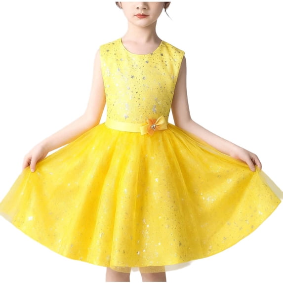 HBGVBA Girl Princess Dresses,Party Tiered Dress,4-15 Years Star Sequin Mesh Crew Neck Performance Competition Dance Dress