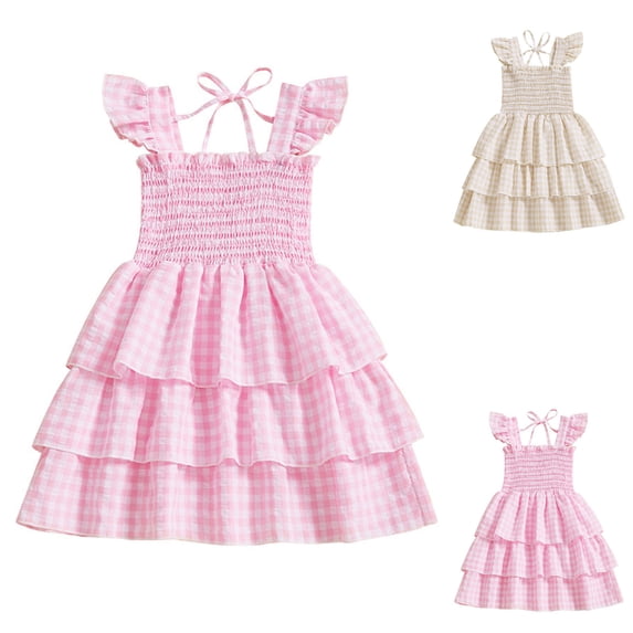 HBGVBA Girl Ruffle Casual Dresses,Summer Sleeveless Dress,2-8 Years Plaid Sleeve Smocked Layered Cake Dress