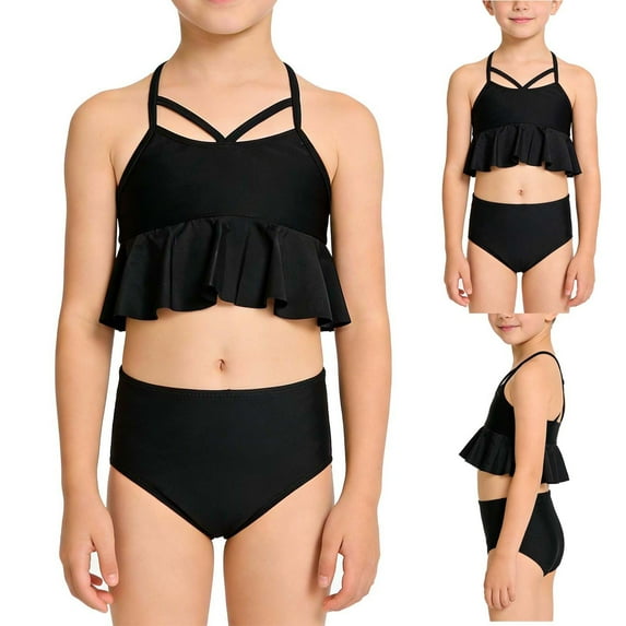 HBGVBA Girl's 2 Piece Ruffle Tankini,Bathing Suits for 2-12 Girls,Solid Color Nylon Bikini Swimsuit Set for 2-12 Years Little Girls