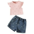 thumbnail image 1 of HBGVBA Girl's 2 Piece Summer Outfit Set,Casual Short Sleeve T-Shirts and Jean Shorts,2-8 Years Solid Knit Rhinestone Top Embroidered Denim Shorts Set, 1 of 5
