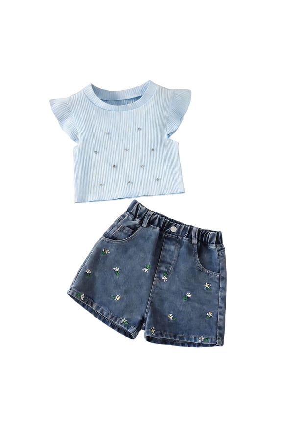 Girl's 2 Piece Summer Outfit Set,Casual Short Sleeve T-Shirts and Jean Shorts,2-8 Years Solid Knit Rhinestone Top Embroidered Denim Shorts Set