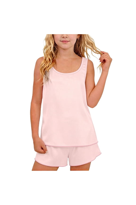 Girl's 2 Piece Summer Set,Casual Tank Top and Elastic Waiste Shorts,5-14 Years Satin Cami Shorts Set Silk Soft Set