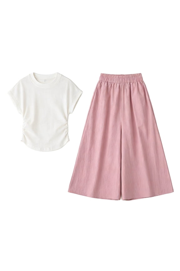 Girl's 2 Piece Summer Set,Solid Color Short Sleeve T-Shirt and Wide Leg Pants,3-15 Years Solid Short Sleeve Tee Long Pants Set