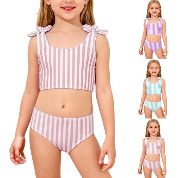 HBGVBA Girl's 2 Piece Swimsuit,Striped Bathing Swimwear,Little Stripe Print Bow Strap Bathing Suits for 3-10 Years Kids