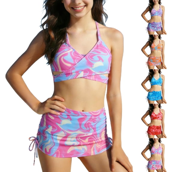HBGVBA Girl's 3 Piece Swimsuit,Tankini Set with Swim Skirt,Print Swimsuit Swim Skort Set for 3-12 Years Big Girls