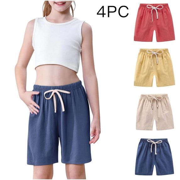 HBGVBA Girl's 4 Pack Summer Shorts,Casual Solid Color Shorts with Pocket,2-12 Years 4 Pack Solid Color Linen Sport Shorts Yellow Red Beige Navy for Boys Girls