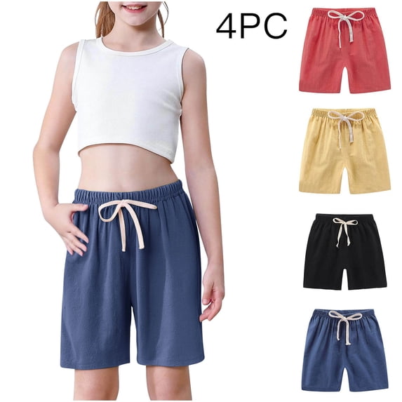 HBGVBA Girl's 4 Pack Summer Shorts,Casual Solid Color Shorts with Pocket,2-12 Years 4 Pack Solid Color Linen Sport Shorts Yellow Red Black Navy for Boys Girls
