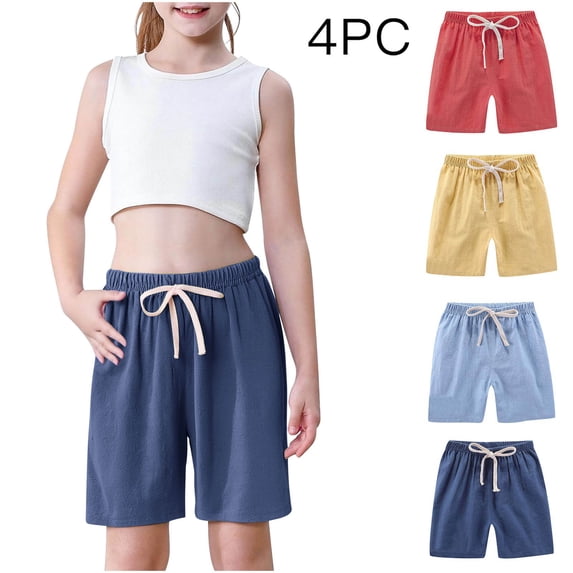 HBGVBA Girl's 4 Pack Summer Shorts,Casual Solid Color Shorts with Pocket,2-12 Years 4 Pack Solid Color Linen Sport Shorts Yellow Red Blue Navy for Boys Girls