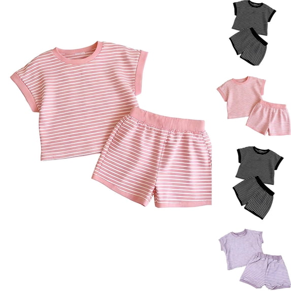 HBGVBA Girl's Casual 2 Piece Outfit Set,Short Sleeve T-Shirts and Elastic Waist Shorts,1-10 Years Striped Breathable Comfortable Set