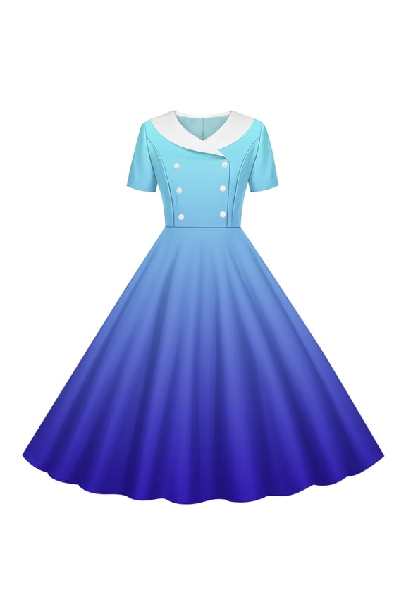 Girl's Casual Gradient Color Dresses,Summer Turndown Collar Sundress,5-14 Years Style Gradient Print Collared Waist Cinched Button Dance Dress