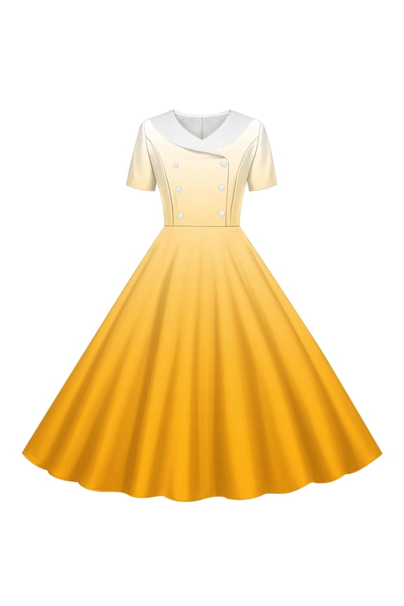 Girl's Casual Gradient Color Dresses,Summer Turndown Collar Sundress,5-14 Years Style Gradient Print Collared Waist Cinched Button Dance Dress