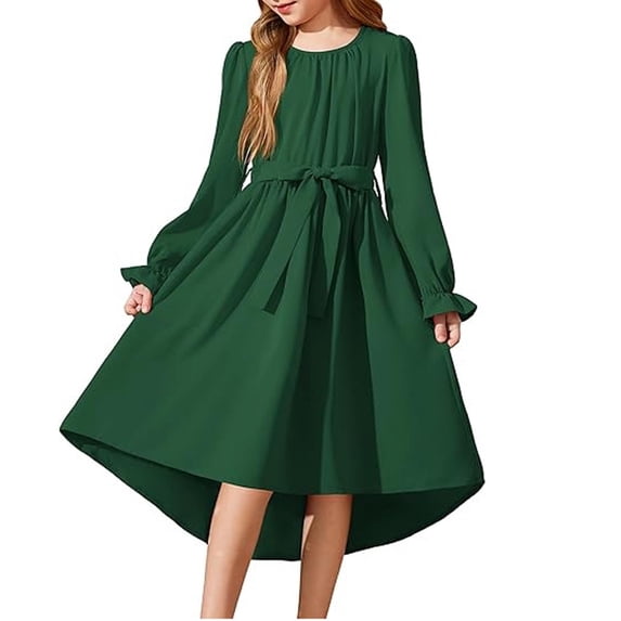 HBGVBA Girl's Casual Long Sleeve Dresses,High Low Tendy Sundress,4-13 Years Solid Color Flowy Party Gown Waist Belt Elegant Formal Dress