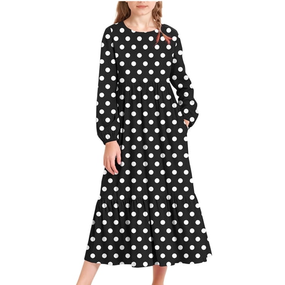 HBGVBA Girl's Casual Long Sleeve Dresses,Print Color Midi Sundress,4-15 Years Polka Print Crew Neck Maxi Dress with Side Pockets
