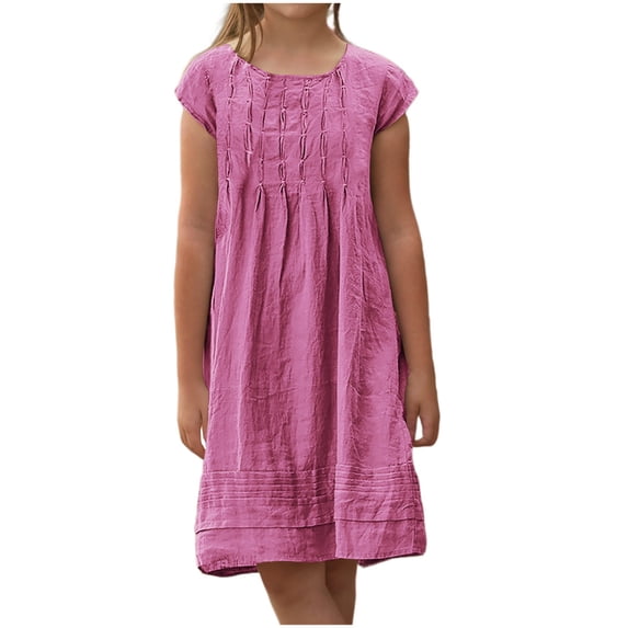 HBGVBA Girl's Casual Short Sleeve Midi Dresses,Summer Breathable Sundress,Solid Color Crew Neck Dress with Chest Ruched Detail Everyday Basic Kids Dress