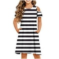thumbnail image 1 of HBGVBA Girl's Cold Shoulder Casual Color,Summer Stripe Color Sundress,3-14 Years Striped Off-the-Shoulder Crew Neck Waist Cinched Dress with Pockets, 1 of 5