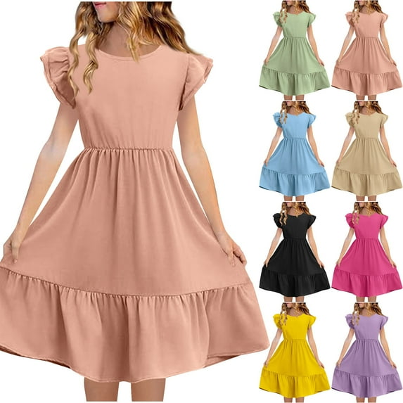 HBGVBA Girl's Crew Neck Midi Dresses,Pleated Sleeve Casual Sundress,Summer Cute Double Ruffled Sleeve Crew Neck Breathable Lightweight Kids Dress