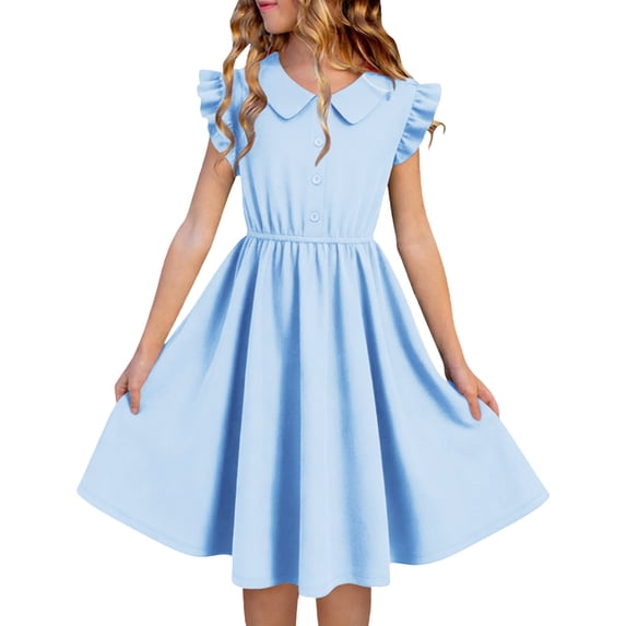 HBGVBA Girl's Doll Collar Midi Dresses,Summer Casual Pleated Sundress,3-13 Years Chiffon Collared Frill Waist Cinched Shirt Dress