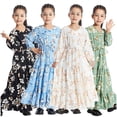 thumbnail image 1 of HBGVBA Girl's Floral Print Maxi Dress Muslim Long Sleeve V-Neck Ankle Length Robe Dresses Floral Embroidery Floral Print Ruffle Modest Daily Wear 3-14 Years, 1 of 5