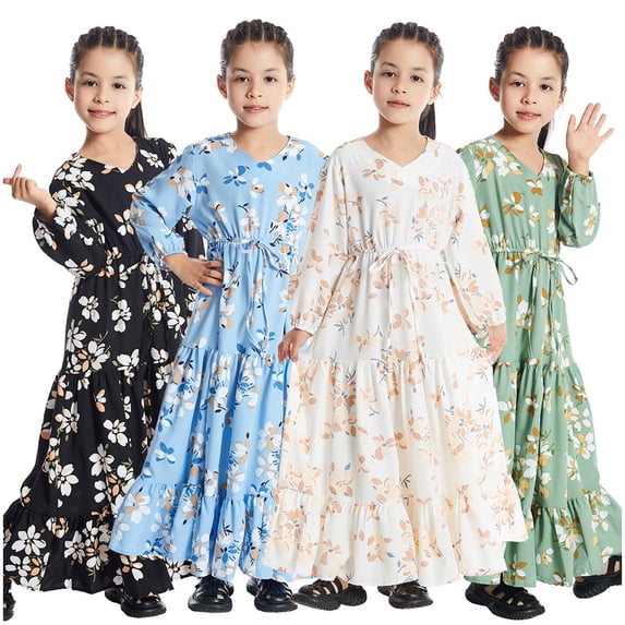 HBGVBA Girl's Floral Print Maxi Dress Muslim Long Sleeve V-Neck Ankle Length Robe Dresses Floral Embroidery Floral Print Ruffle Modest Daily Wear 3-14 Years