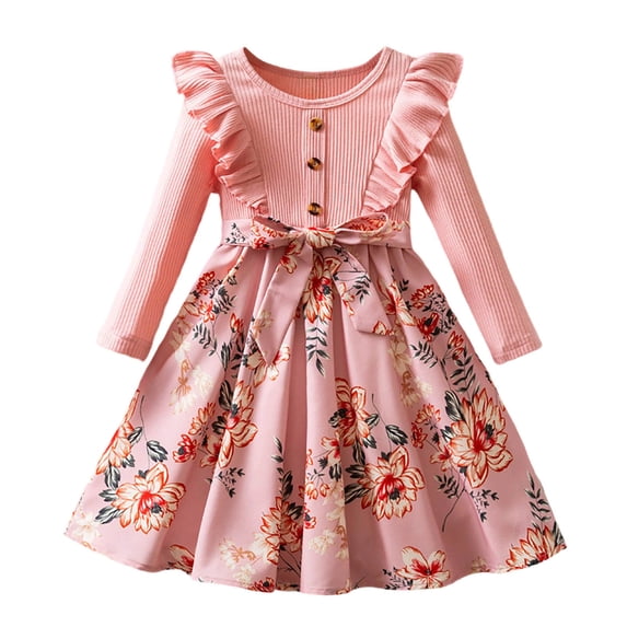 HBGVBA Girl's Knit Dress Ruffle Long Sleeve Crew Neck A Line Dresses Floral Print Hem Elegant Party Princess Attire For Cool Season 2-7 Years