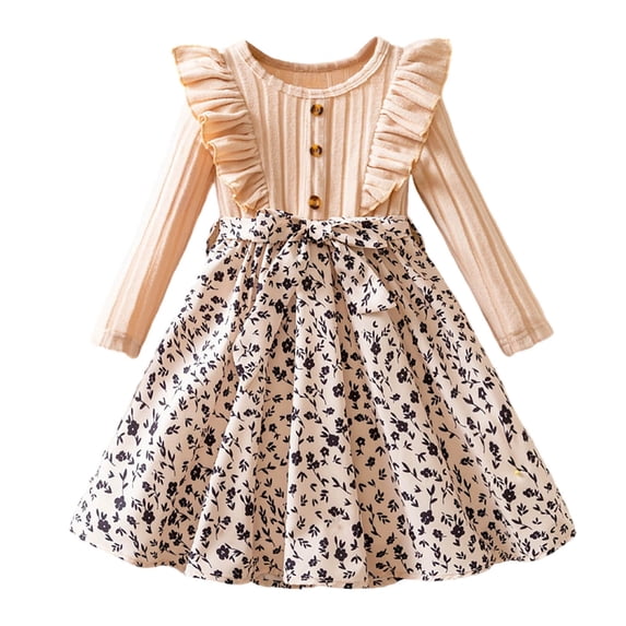 HBGVBA Girl's Knit Dress Ruffle Long Sleeve Crew Neck Dresses Small Floral Print Layer Party Formal Outfit Fall Winter Arrival 2-7 Years
