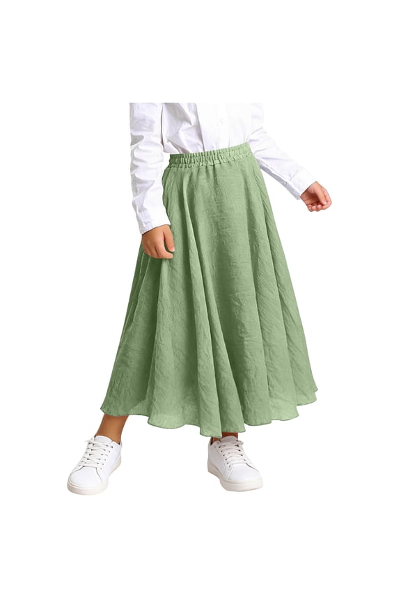 Girl's Linen Flowy Skirts,Elaist Waisted Casual Long Skirt,Kids 4-15 Years Linen Like Solid High Waist with Pockets Long Ruffle Hem A-Line Skirt