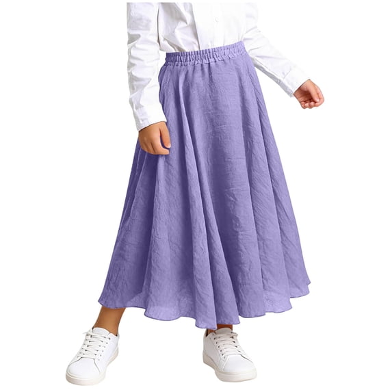 HBGVBA Girl's Linen Flowy Skirts,Elaist Waisted Casual Long Skirt,Kids 4-15 Years Linen Like Solid High Waist with Pockets Long Ruffle Hem A-Line Skirt