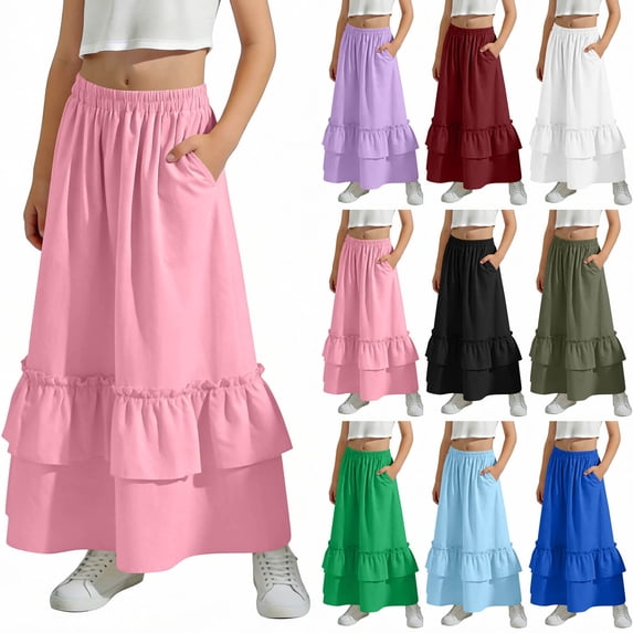 HBGVBA Girl's Ruffle Long Skirts,Casual Flowy Skirs for Summer,Kids Solid High Waist with Pockets Elastic Waist Long Ruffle Hem A-Line Skirt