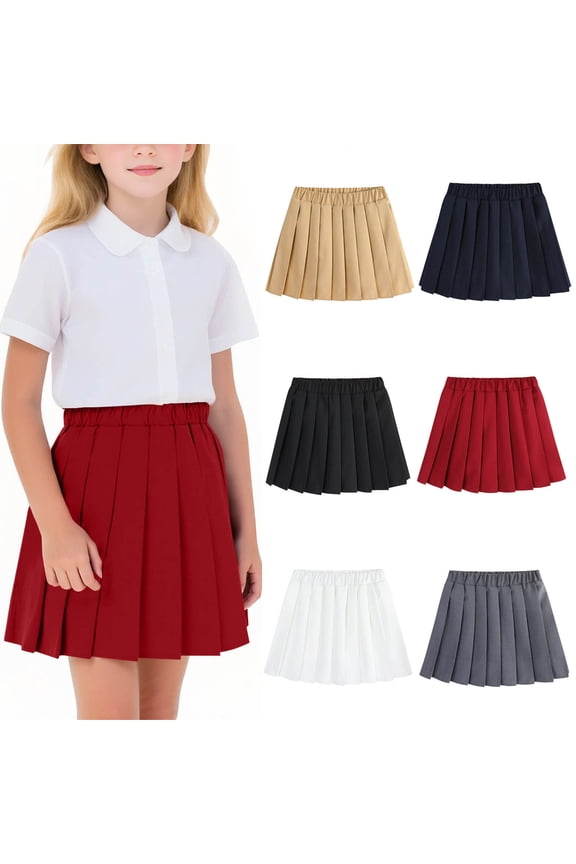 Girl's School Uniform Skirt,Pleated Mini Skirts,Kids 2-17 Years Solid Color Pleated with Lining Casual Skirt
