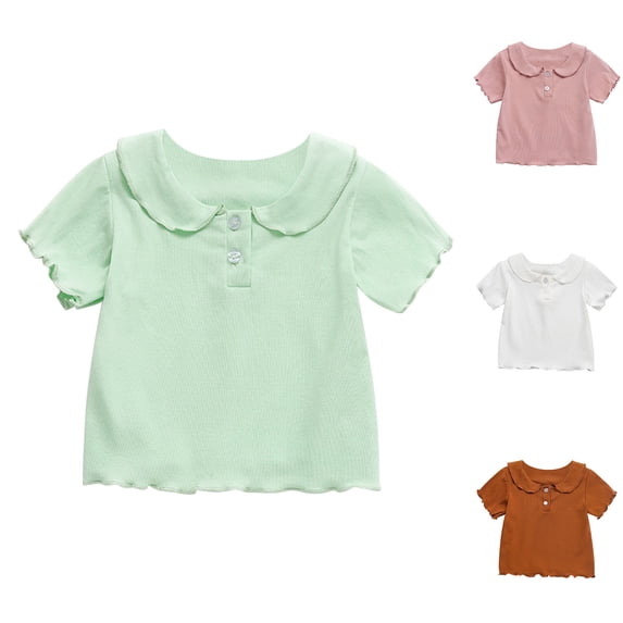 HBGVBA Girl's Short Sleeve T-Shirts,Summer Blouse for Kids,Girls Solid Color Ruffled Button Shirts Fashion Casual Tops for 6 Months-7 Years Kids T-Shirts