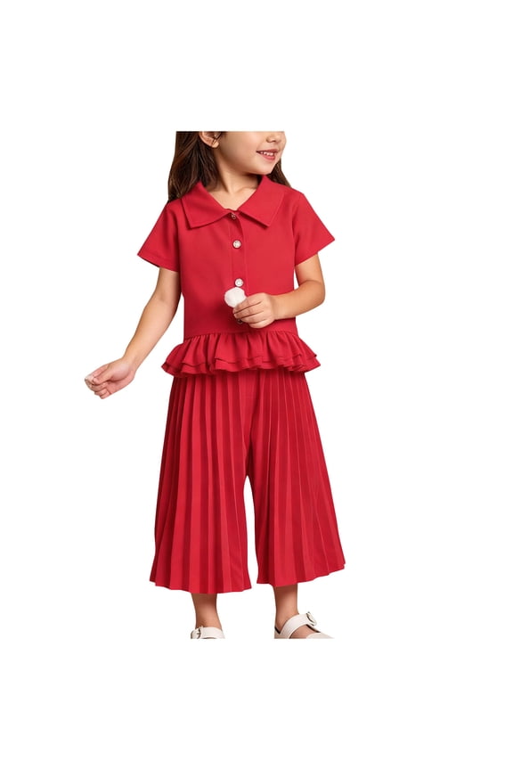 Girl's Summer 2 Piece Outfit,Ruffle Short Sleeve T-Shirt and Pleated Pants,Solid Short Sleeve Shirt Pleated Wide Leg Pants Set
