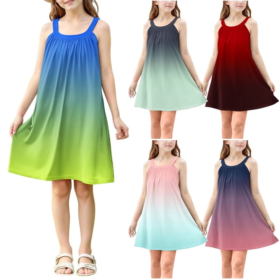 HBGVBA Girl's Summer Cami Dresses,Casual A-Line Dress,4-15 Years Gradient Tank Spaghetti Strap Dress
