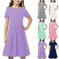 thumbnail image 1 of HBGVBA Girl's Summer Casual Dresses,Short Sleeve Midi Sundress,4-14 Years Solid Color Crew Neck Ruched Basical Everyday Kids Dress, 1 of 5