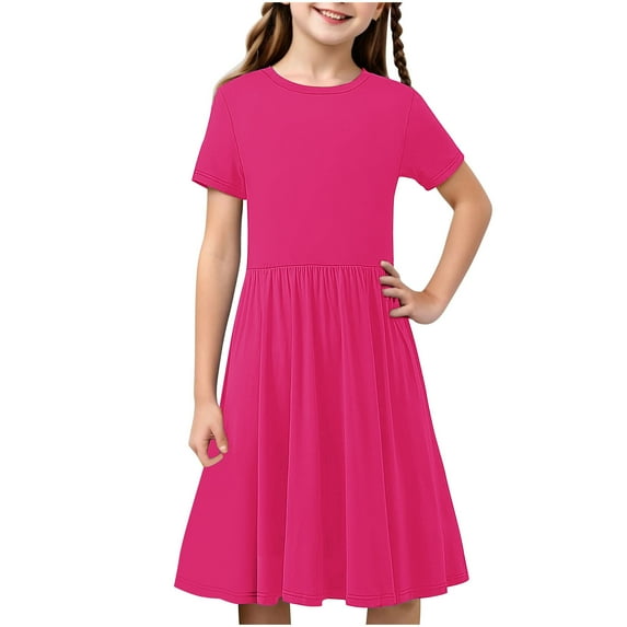 HBGVBA Girl's Summer Casual Dresses,Short Sleeve Midi Sundress,4-14 Years Solid Color Ruched Basical Everyday Kids Dress