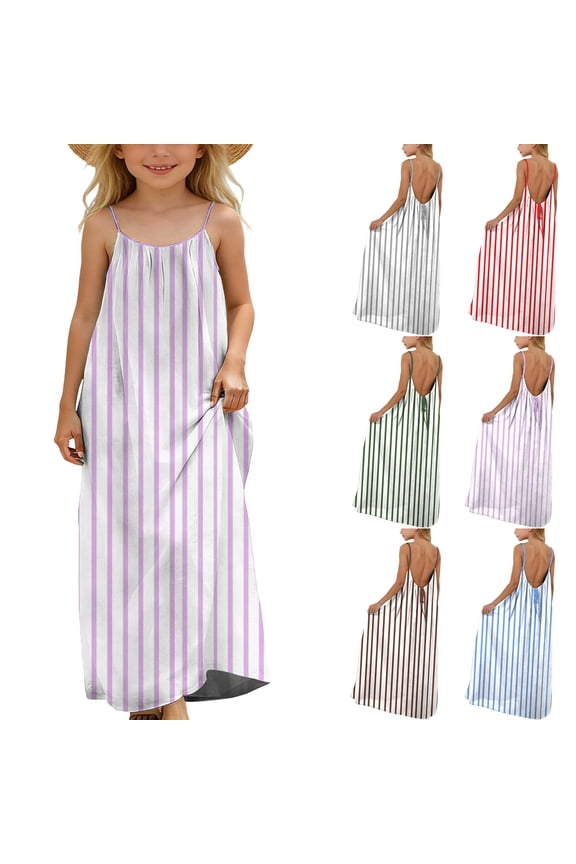 Girl's Summer Casual Dresses,Sleeveless Strip Midi Sundress,5-14 Years Fashion Striped Loose Spaghetti Strap Maxi Dress with Back Drawstring Lightweight