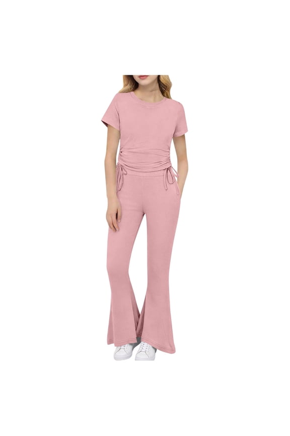 Girl's Summer Lightweight 2 Piece Outfit Set,Short Sleeve Tops and Flare Long Pants,1-10 Years Solid Ice Silk Short Sleeve Drawstring Top Flared Long Pants Loose Set