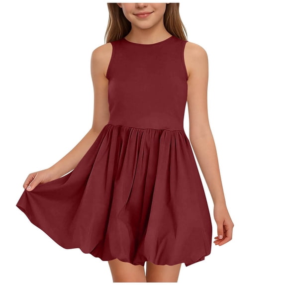 HBGVBA Girl's Summer Sleeveless Dresses,Breathable Pleated Sundress,4-14 Years Solid Color Crew Neck Dress with Pockets and Side Zipper